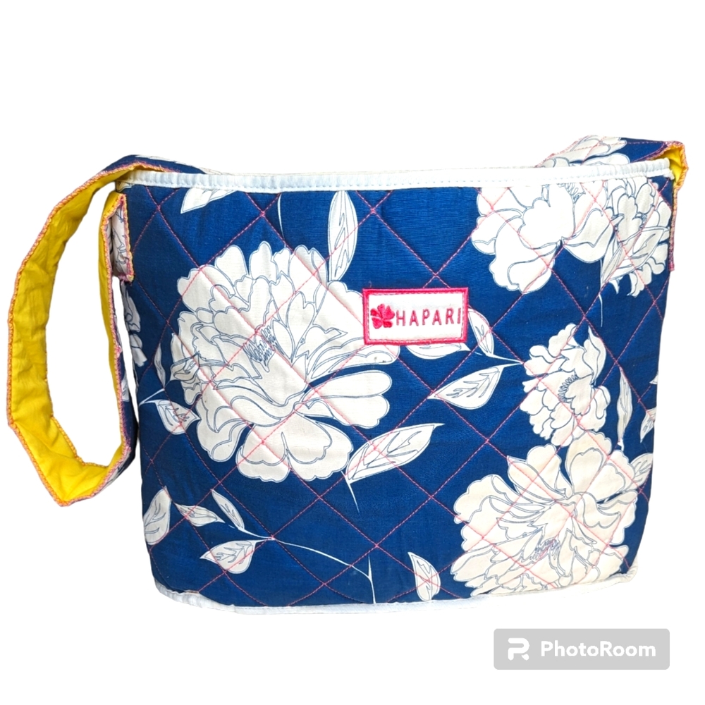 Hapari Beach Tote Blue Yellow White Floral Shoulder Strap Soft Quilted